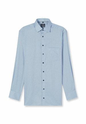 Hellblaues Hemd mit Knöpfen, mit kleinem dunkelblauem geometrischem Muster, langen Ärmeln und einer vorderen Tasche. Verfügt über einen spitzen Kragen und schwarze Knöpfe.