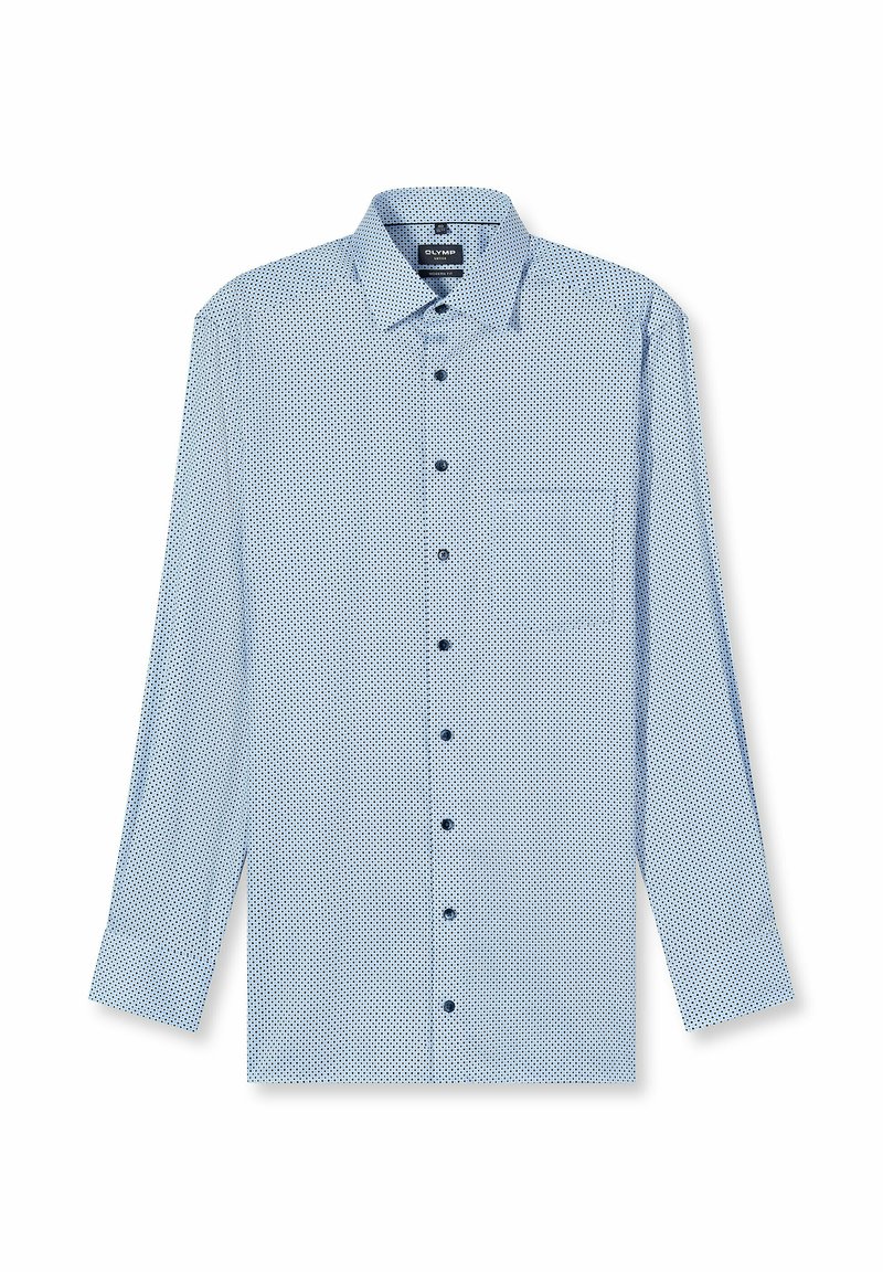 Hellblaues Hemd mit Knöpfen, mit kleinem dunkelblauem geometrischem Muster, langen Ärmeln und einer vorderen Tasche. Verfügt über einen spitzen Kragen und schwarze Knöpfe.