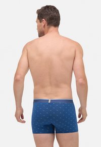 Hombre de espaldas que lleva puestos unos bóxers azules con un patrón de perritos y una cinturilla gris, frente a un fondo blanco liso.