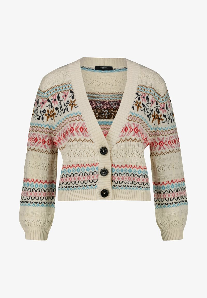 Crème-kleurige cardigan met een V-hals, grote zwarte knopen en kleurrijke patronen in roze, blauw en bruin. Gebreide textuur met een relaxte pasvorm.