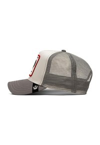 Gorra en gris con un panel frontal blanco, parte trasera de malla y logo bordado. Visera curva con detalles de costura y cierre de ajuste tipo snapback.