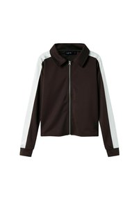 Brun zip-up jacka med krage, prydd med ljusgrå ränder längs axlarna och ärmarna. Tillverkad av ett mjukt, stretchigt material.