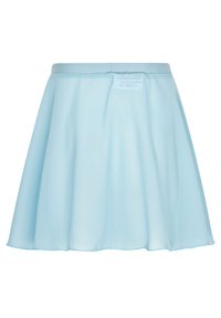 Hellblauer Rock mit einem ausgestellten Design, aus glattem Stoff gefertigt. Verfügt über einen schlichten Bund und einen sanften Fall. Keine Muster oder sichtbare Hardware.