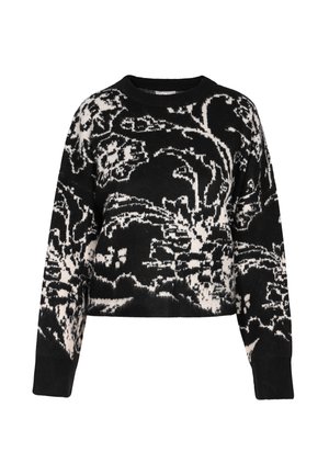 Czarny i biały sweter w kroju, z kwiecistym wzorem, okrągłym dekoltem, długimi rękawami i ściągaczami, wykonany z miękkiego materiału.