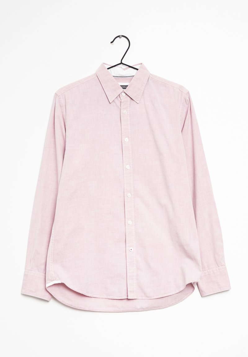 Ljusrosa skjorta med knappar i mönster, långa ärmar, krage, subtil textur och rundad nederkant, med vita knappar och en hängande ögla.