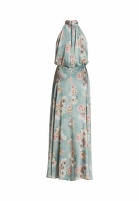 Długa sukienka w kwiaty w jasnym odcieniu niebieskozielonym, z wysokim kołnierzem, bufkami na rękawach oraz delikatnym wzorem kremowych i różowych kwiatów na całej powierzchni. Miękki, lejący się materiał.
