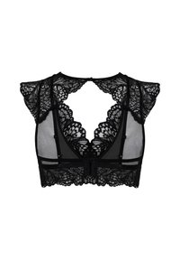 Schwarzes Spitzenbralette mit tiefem V-Ausschnitt, wellenförmigem Spitzenbesatz, durchsichtigen Mesh-Einsätzen und einem verstellbaren Verschluss auf der Rückseite.
