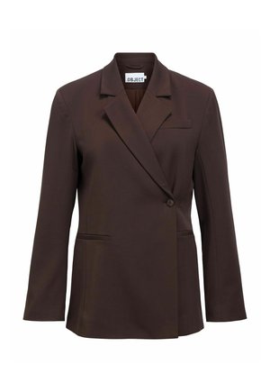 Blazer marron foncé à bouton unique avec revers crantés, manches longues et deux poches passepoilées à l'avant, étiquette « OBJECT » à l'intérieur du col.