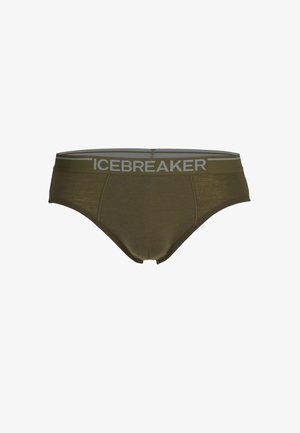 Bóxers para hombre en verde oliva fabricados con material suave, con un logo "ICEBREAKER" en gris claro en la cinturilla y un diseño de ajuste ceñido.