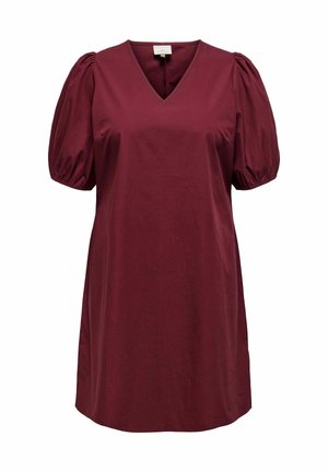 Bordo haljina s V-izrezom i kratkim puf rukavima. Izrađena od glatkog materijala, s ležernim krojem i ravnom siluetom.