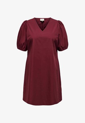 Burgundi värvi kleit V-kaelusega ja lühikeste puhvvarrukatega. Valmistatud siledast kangast, omab lõdva istuvust ja sirget siluetti.