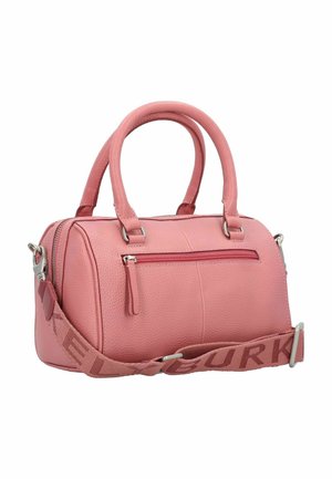 Sac à main en forme circulaire, texturé en rose, avec des anses supérieures doubles, une bandoulière amovible, une poche zippée à l'avant et des ferrures en argent.