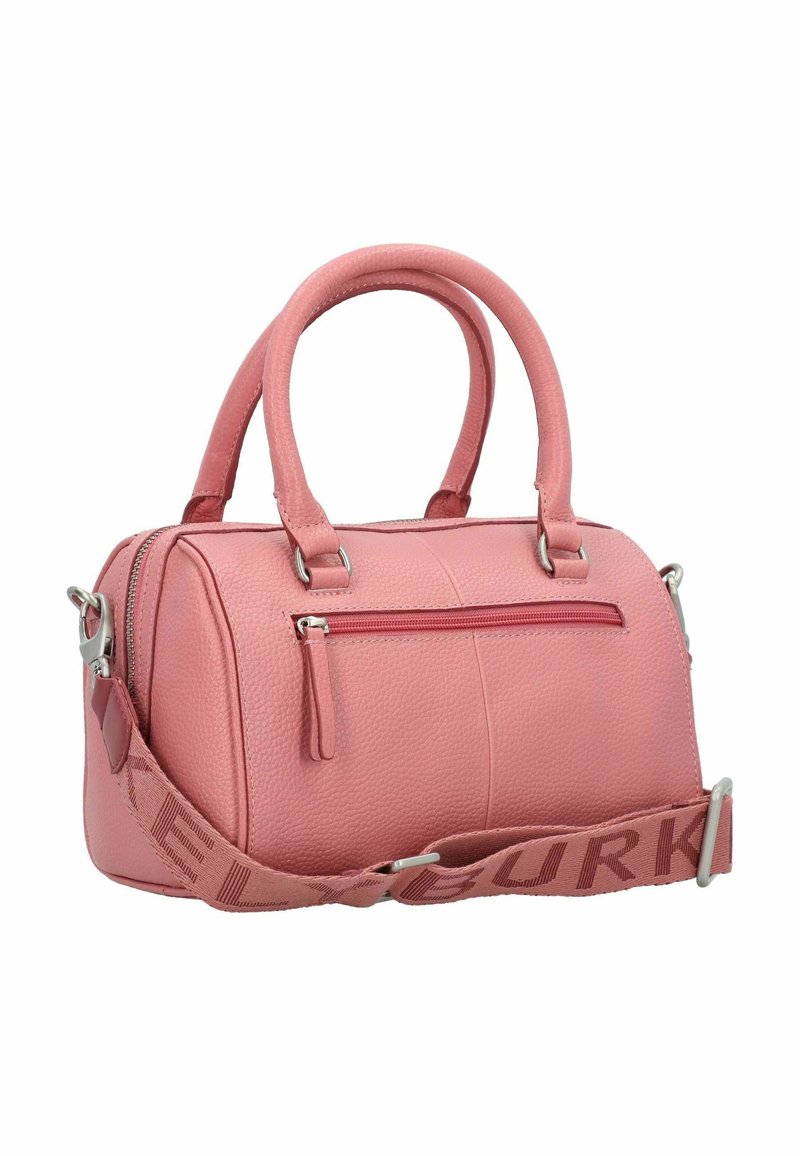 Borsa a tracolla rosa texture, di forma circolare, con manici superiori doppi, tracolla rimovibile, tasca con zip anteriore e hardware in argento.