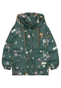 Mörkgrön blommig pufferjacka med stora framfickor, hög krage och breda dragsko på huvan.