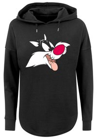 Black hoodie with a loose fit, featuring a stylized graphic of a cartoon character's face in white and pink on the front.