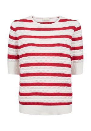 Witte gebreide trui met horizontale rode strepen en getextureerde halfronde patronen, met korte mouwen en een ronde hals.