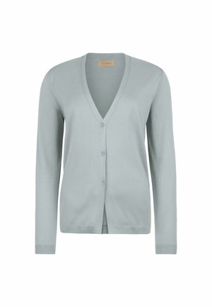 Jasnoniebieski kardigan z długim rękawem i dekoltem w kształcie litery V, z trzema przednimi guzikami oraz ściągaczami na mankietach i dole, prezentowany na białym tle.