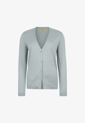 Jasnoniebieski kardigan z długim rękawem i dekoltem w kształcie litery V, z trzema przednimi guzikami oraz ściągaczami na mankietach i dole, prezentowany na białym tle.