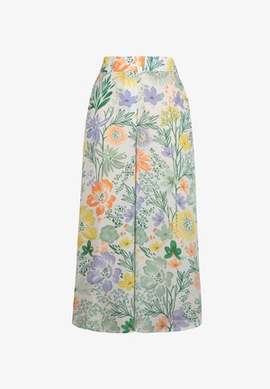 Floral skirt with a high waist, made from lightweight fabric. Features multicolored flower patterns on a cream background.