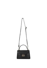 Sac à main en cuir noir au design structuré, doté d'une anse supérieure, d'une bandoulière réglable et d'une fermeture à clip dorée sur le devant.