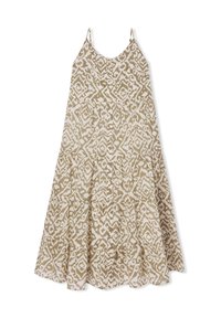Abito leggero a strati con spalline sottili, caratterizzato da un motivo astratto beige e bianco su un tessuto fluente.