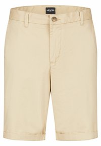 Beige Shorts aus leichtem Stoff mit flachem Frontdesign, Knopfverschluss und umgeschlagenen Säumen. Verfügt über praktische Taschen an den Seiten.