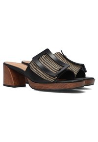 Zwarte open teen muiltjes met een gevlochten gouden en zwarte band, een brede uitsnijdingen ontwerp en een chunky houtachtig hak. Gladde textuur overal.