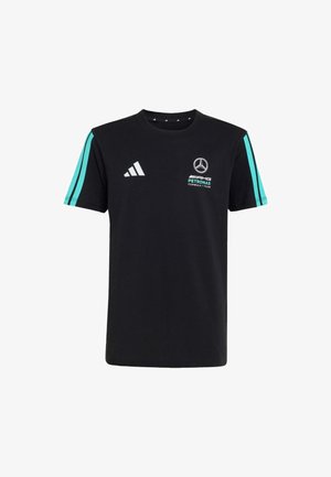 Zwart T-shirt met korte mouwen, voorzien van turkooizen zijstrepen, een wit Mercedes-logo op de borst en een ronde hals. Zachte stoftextuur.