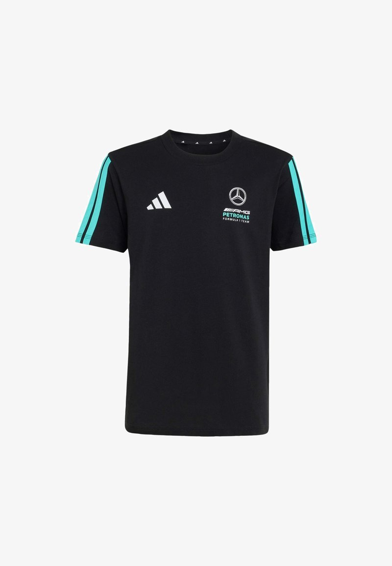 Schwarzes kurzärmliges T-Shirt mit türkisfarbenen Seitenstreifen, einem weißen Mercedes-Logo auf der Brust und einem runden Ausschnitt. Weiche Stofftextur.