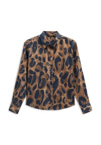 Long-sleeve button-up shirt with brown and dark blue leopard print pattern, pointed collar, and buttoned cuffs.