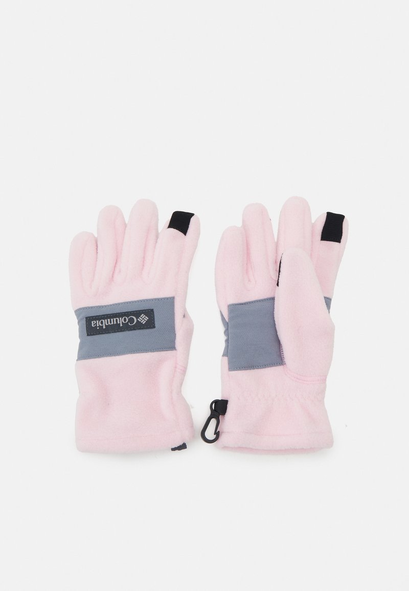 Luvas de fleece da Columbia em rosa e cinza com detalhes em preto, apresentando um ajuste confortável, aderência texturizada e tiras ajustáveis nos pulsos.