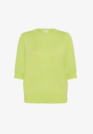 Šviesiai žalia megzta suknelė su apvaliu iškirpimu, trumpomis pūstomis rankovėmis bei raukšlėtomis rankogaliais ir apvadu. Lygi tekstūra ir laisvas kirpimas.