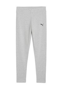 Világosszürke leggings, puha anyagból, elasztikus derékpánttal, a bal csípőn egy kis fekete Puma logóval. Sima textúra.