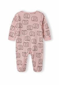 Ružový overal s opakujúcim sa vzorom hnedých slonov. Tkanina je mäkká, má dlhé rukávy a design s nožičkami. Zapínanie na patentky na chrbte.