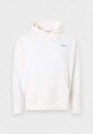 Bílá mikina s kapucí, přední kapsou a malým tmavě modrým logem "Pepe Jeans" na levé straně hrudi, zobrazena na jednobarevném pozadí.