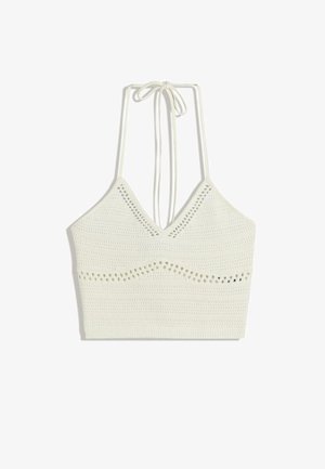 White crochet crop top with a V-neck and adjustable tie straps. Features horizontal stripes and small cut-out details throughout.