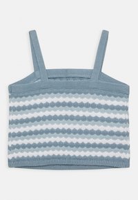 Dziergany biustonosz w jasnoniebieskim kolorze z białym wzorem w zygzak. Posiada regulowane ramiączka i miękką fakturę.