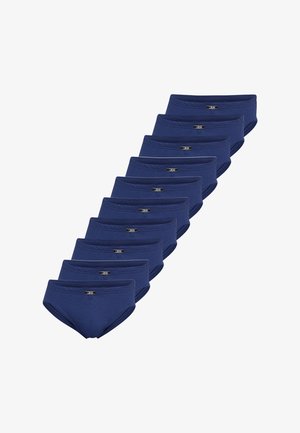 Kymmenen paria tummansinisistä puuvillabokserit, joissa on sileä pinta, joustava vyötärönauha ja hillitty logoyksityiskohta edessä.
