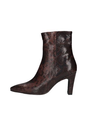 Women's mid-calf high-heeled boot with pointed toe and dark brown snakeskin texture on smooth leather surface.