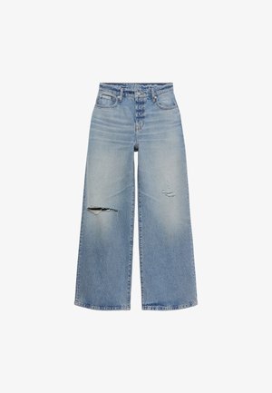 Lyseblå denimbukser med vide ben og slidte detaljer, herunder to revner foran, samt et design med fem lommer.
