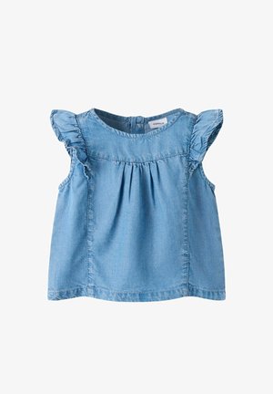 Lyseblå ærmeløs denimtop med flæsedetaljer ved skuldrene og indsamlet frontstykke.