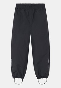 Svarta vattentåliga byxor med elastisk midja, avslutade anklar och reflekterande sidodetaljer. Slätt, lättviktigt tyg med avslappnad passform.