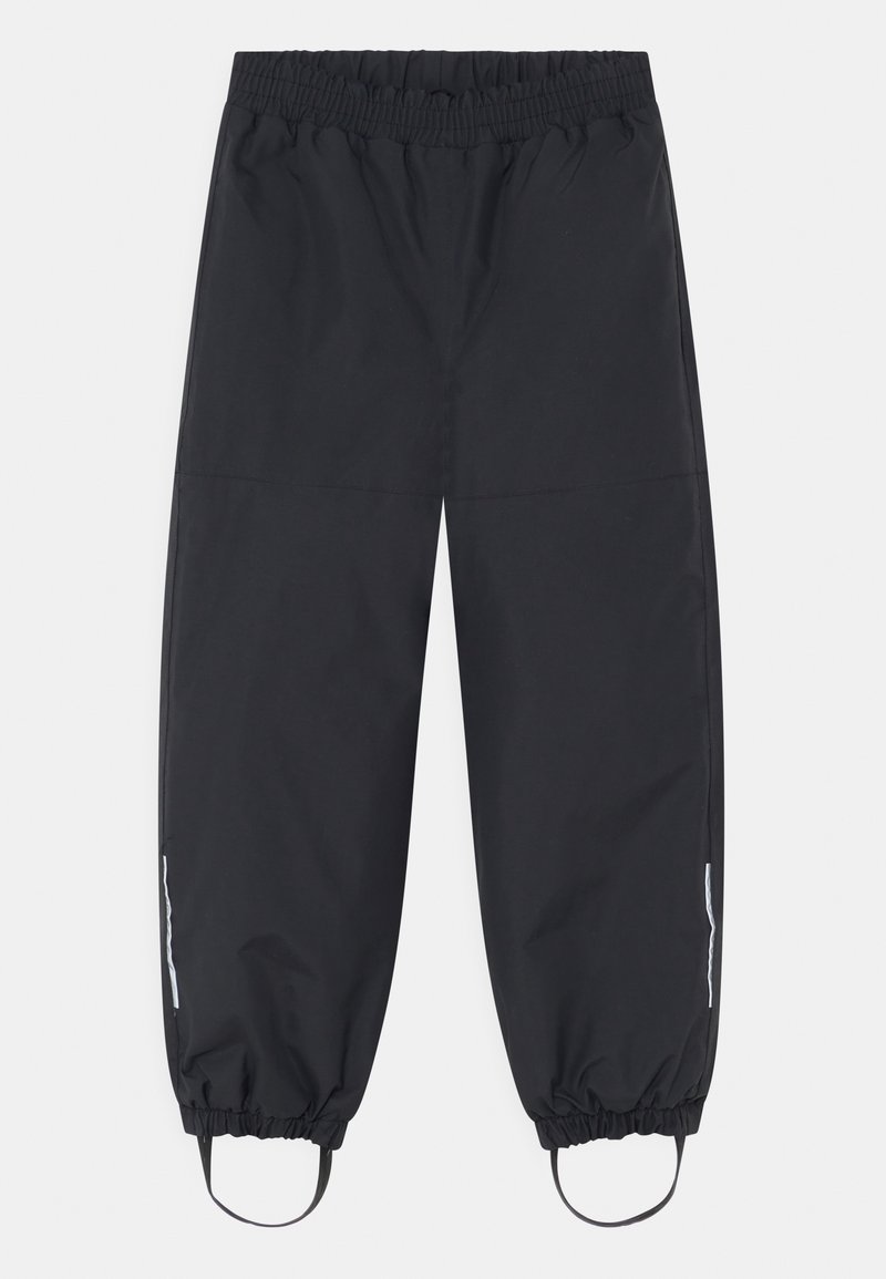 Black waterproof pants with an elastic waistband, cuffed ankles, and reflective side accents. Smooth, lightweight fabric with a relaxed fit.