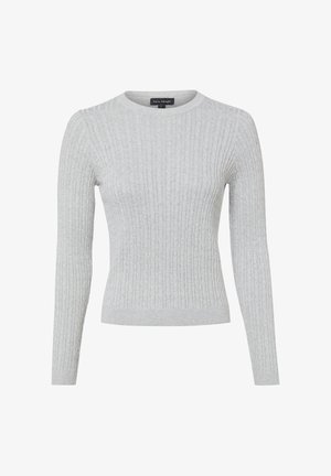 Light gray long-sleeve ribbed knit sweater with crew neck, fitted silhouette, and subtle vertical cable pattern.