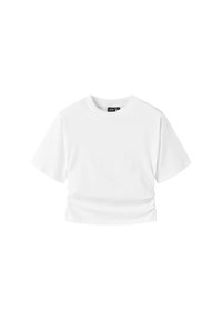 Weißes, kurz geschnittenes T-Shirt aus glattem Stoff. Kurze Ärmel, runder Ausschnitt und Raffung am Saum für eine figurbetonte Optik.