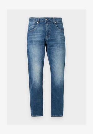 Blauwe spijkerbroek van denim met een rechte pijp, medium wassing en subtiele vervaging. Heeft vijf zakken, riemlussen en zilverkleurige knoopsluitingen.