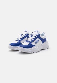 Blue and white sneakers with a chunky sole, featuring mesh and synthetic materials, lace-up design, and logo accents on the side.