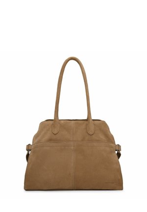 Bolso tote de ante marrón con doble asa y detalles mínimos de costura, diseñado para llevarlo en la mano o al hombro.