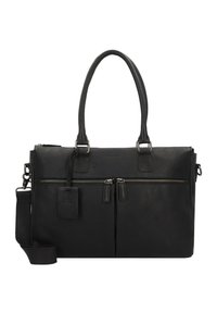 Bolsa de portátil de cuero negro con dos asas superiores, correa de hombro ajustable, bolsillos frontales con cremallera y un acabado texturizado. Presenta una etiqueta con el logo.