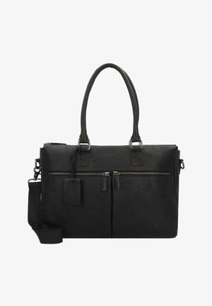 Bolsa de portátil de cuero negro con dos asas superiores, correa de hombro ajustable, bolsillos frontales con cremallera y un acabado texturizado. Presenta una etiqueta con el logo.